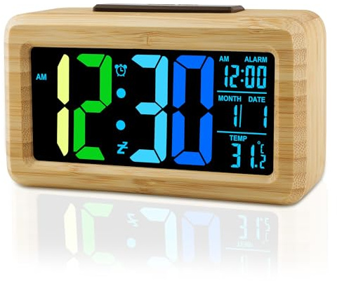 Ayybboo Wecker Digital Holz,Große LED-Anzeige mit Farbigen Ziffern,Helligkeitssensor,Snooze,Batterie | USB-Betrieb für Schlafzimmer,Büro,Wohnzimmer (Bambus blaugrün)