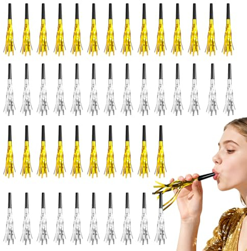 Uniticber 48-Pack Gold & Silver Party Blowers | 24 Gold & 24 Silver Glitter Noise Makers with Metallic Fringe for New Years Eve, Birthday, Sports Games, Adult Party Favors & Supplies