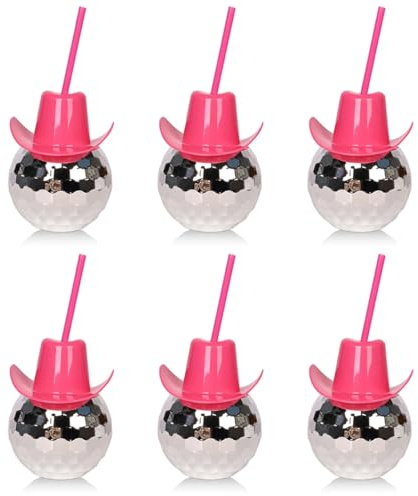 MEKLITRZ Disco Ball Cocktail Glasses Set of 6 with Glitter Cowboy Hats & Reusable Straws - 580ml Retro 1970s Barware for Clubs, Parties & Home Entertaining