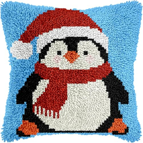 Taxpy Knüpfkissen Knüpfen Set Zum Selber Knüpfen,Pinguin Knüpfhaken-Set,Deko Kissenbezug,Kreativ Knüpfset Latch Hook Kit Für Kinder Und Erwachsene Geschenke 43 X 43 Cm