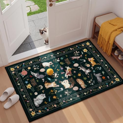 Unirea 2x3 Small Black Washable Cat Area Rug, Door Mat Indoor Entrance Rug, Non Slip Thin Area Rugs, Soft Animal Entryway Rug for Kitchen, Bathroom, Bedroom, Laundry Room, Low Pile Carpet