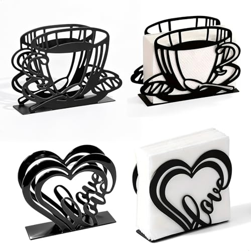 Portatovaglioli da Tavola, Porta Tovaglioli Portatovaglioli 4 Pezzi, Forma Cuore e Tazza da Caffè in Metallo Organizzatore da Tavolo Antiruggine per Cucina Bar Cafe Ristorante, Nero