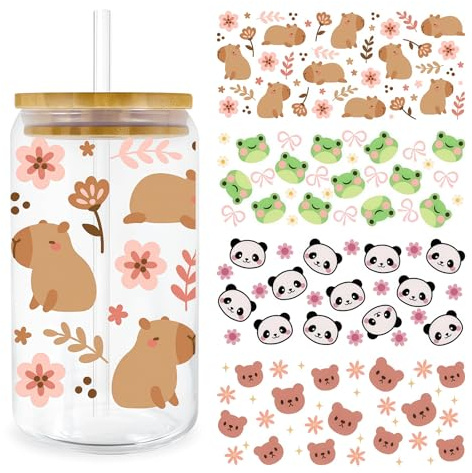 FloralGrace Linda Capibara Lazo Rana Panda Oso Lazo Pegatinas UV DTF para Tazas De 473 Ml Vasos De Cristal, Adhesivos Resistentes Al Agua UV DTF para Botellas De Vidrio Y