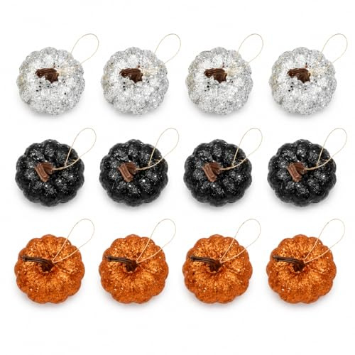 12 Pcs Halloween Tree Pendant, Pumpkin Decorations, Mini Glittery Pumpkin Autumn Decorations, for Halloween Fall Festival Party Harvest Table Decor