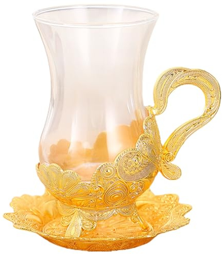 VOSAREA Juego de Tazas de Café Dorado Platillos de Aleación y Vidrio, Estilo Vintage Elegante, Decorativo y Práctico para Barras y Vitrinas