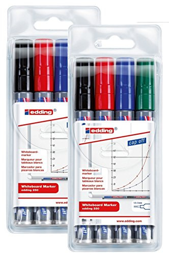 Edding Whiteboardmarker 250, nachfüllbar, 1.5-3 mm, sortiert (nur Marker, 4 Grundfarben, 2 Sets)