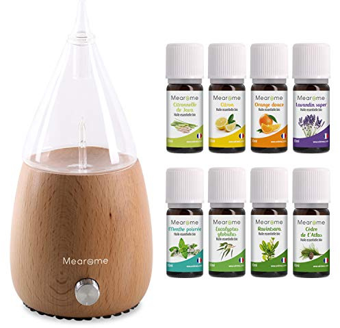 DIFFUSEUR nébuliseur + 8x10 ml HUILES ESSENTIELLES BIO distillées en FRANCE + Guide d'Aromathérapie PDF - HEBBD - HECT - Bienfaits Respiratoires, Encombrement, Digestion - Mearome