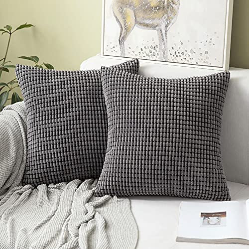 MIULEE Cushion Covers 60 x 60 cm Decorative Corduroy Grey Cushions Throw Pillow Square 24 x 24 Inches Striped Solid for Sofa Couch Home Bedroom Set of 2