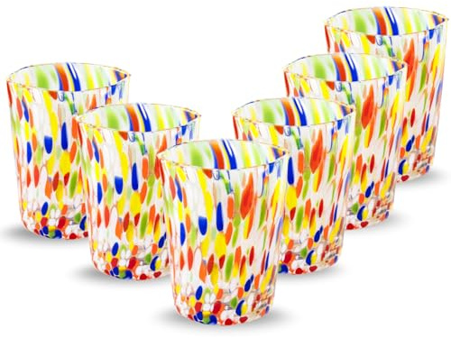 Gocce di Murano 6 verres à eau travaillés selon la tradition des artisans de Murano, verre soufflé et travaillé à la main 300 ml - verres à eau verre arc-en-ciel pluie