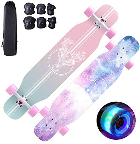 Skateboard Longboard 43 x 10 Komplettes Skateboard mit LED-Leuchträdern, 8 Lagen Maple Wood Deck Skateboard mit Schutzausrüstung für Kinder, Jugendliche und Erwachsene (Pink)