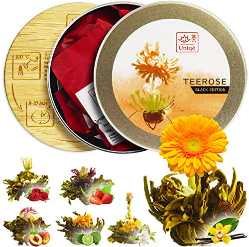Teeblumen Geschenkset mit 6 Teerosen, aromatisierter Schwarzer Tee mit Blüten, inkl. Untersetzer | Originelles Tee Geschenk für Frauen, Teeset für Weihnachten
