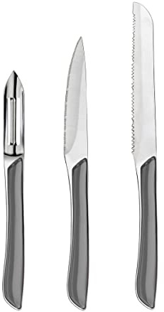 Amefa - 3-teiliges Küchenmesser-Set – Officemesser, Schälmesser und Gemüsemesser – Eclat – Edelstahl 13 C, Hochglanz-Finish – Grau