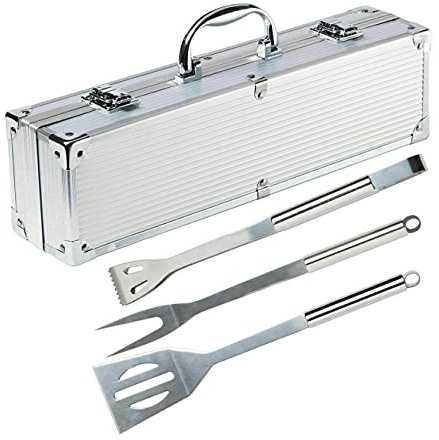 Premium Grillutensilien Edelstahlwerkzeuge, 3-teiliges Grillzubehör BBQ Grill Kochutensilien Werkzeugset mit praktischem Koffer für Männer und Frauen Outdoor Party Camping Barbecue
