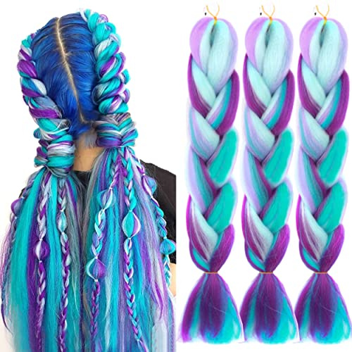 PORSMEER 24 Pouces Kanekalon Ombre Jumbo Cheveux Tressage Extensions,3 paquet de meches pour tresses africaine,Synthétique rajout cheveux tresses,cyan/violet/bleu/blanc