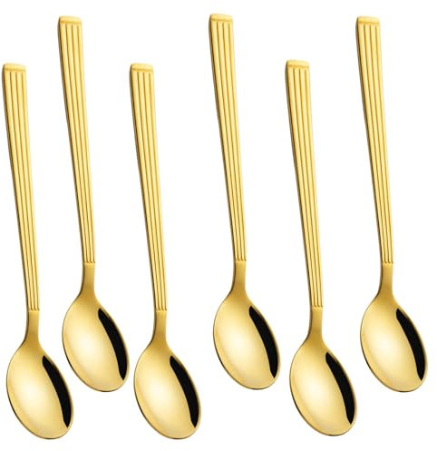 Amrules Espresso Spoons 6 PCS, Coffee Spoons 6.5 Inches with Anti Slip Striped Handle, 18/8 Stainless Steel Tea Spoons Set Serving for Ice Cream Dessert, Gold