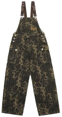 COOLMONAR Women's Y2K Leopard Print Jeans Overall Chic Streetwear Baggy Wide Leg Jumpsuit Retro Hip Hop Loose Trouser, Leopard Jean-4, S