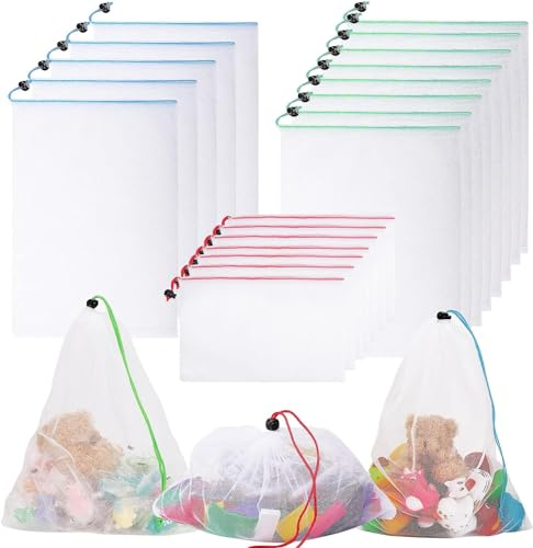 Loppdece 20Stück Wiederverwendbare Produktbeutel,Gemüsebeutel Mit Kordelzug | 3 Größen Waschbar Umweltfreundliche Taschen, Kordelzug Netzbeutel, 3 Farben, for Lebensmittel Obst Spielzeug Kleinteile