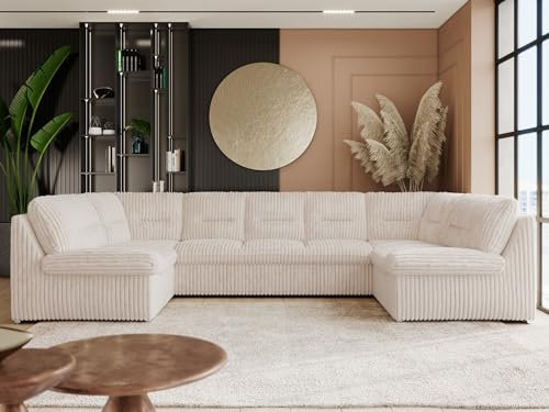 MKS MEBLE Wohnlandschaft COMODO U XXL – Sofa U-Form mit Schlaffunktion & Bettkasten, Schlafsofa mit Stauraum, freistehende Wohnzimmer Couch Ecksofa Polsterecke - Beige Cord | inkl. T25 Topper