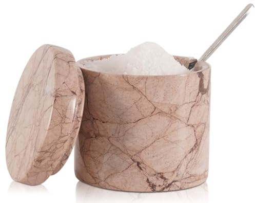 SPESHSTONES Marinara Salière en marbre avec couvercle et cuillère 7,6 cm faite à la main pour le rangement de la cuisine – Support de sel floconneux, sucrier décoratif et petits récipients