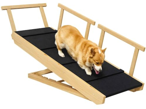 PawHut Hunderampe für Bett und Couch 85 cm Faltbar Anti-Rutsch-Pad Natur | Haustierrampe mit Sicherheitsgeländer, 4 Einstellbare Höhe von 27 bis 61 cm, Hundetreppe für Haustiere bis 40 kg