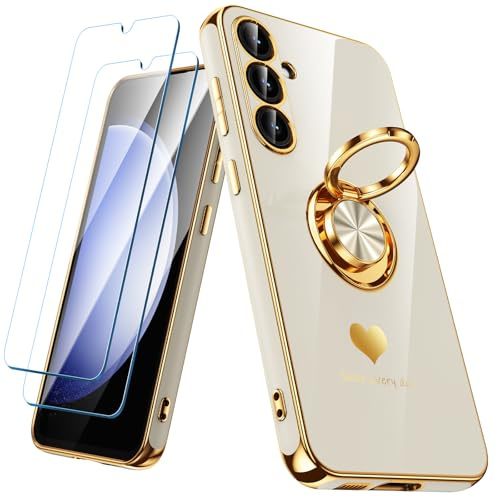 Nonional for Samsung Galaxy S23 FE 5G Case with 2 Pack Screen Protector, 360° Rotatable Ring Holder [Luxury Hearts Pattern] Plating Gold Edge Slim Soft Phone Cover Case for Galaxy S23 FE - White