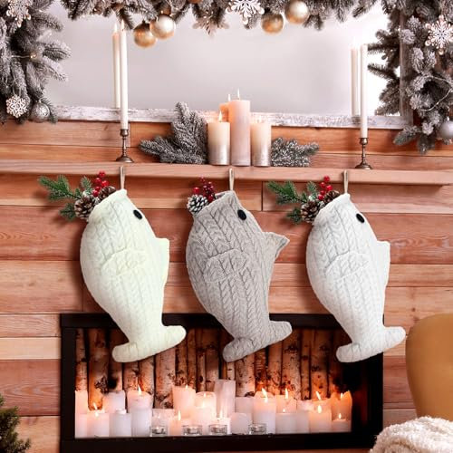 Coume Weihnachtsstrümpfe für Haustiere, Katzen, groß, gestrickt, Boho, Weihnachtsstrümpfe für Katzen, Weihnachtsfeier, hängende Strümpfe, für Kamin, Baum, Geschenk, Dekoration, Fischsocke für Familie,