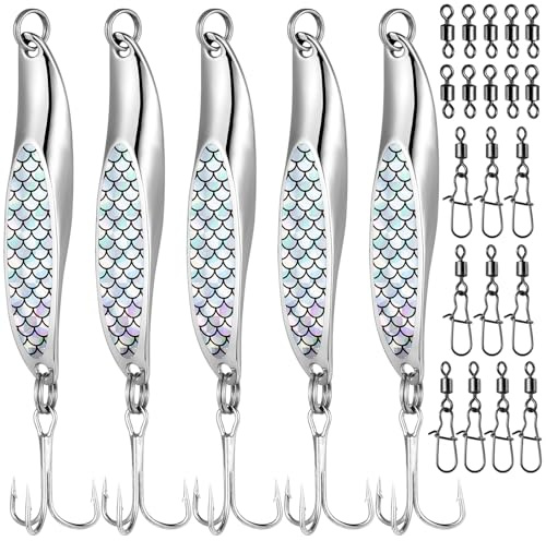 Realure 5 Pcs Metal Sea Fishing Spinners Lures with Trebles Hooks Set Including 20 Pcs/2Types Rolling Swivels and Clips 7cm & 21g Metal Jigs Sequins Fishing Spoon Lures Hard Baits for Sea Bass