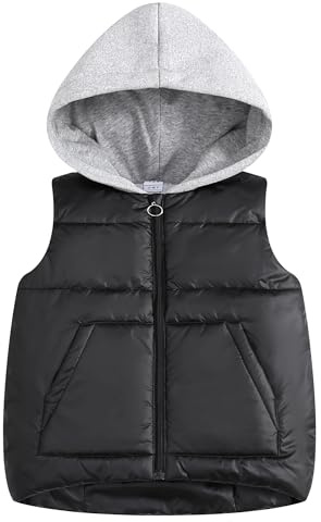 SEAUR Gilet invernale per bambini, con cappuccio, per attività all'aperto, antivento, leggero, con cappuccio, 128-164, Nero , 152