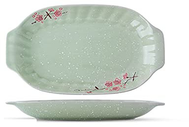 MELY Oval Plates,12 Inch Fish Plate Porcelain Dish Serving Plate Floral Dinner Deep Plate Appetizer Salad Dessert Snack Plate(Green)