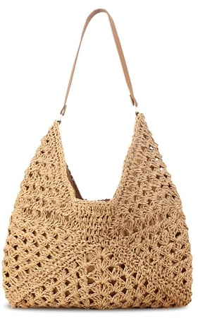 Bototack Straw Beach Bag For Women, Large Straw Bags Weave Handmade Handle Tote Bag, Bohemian Summer Straw Shoulder Bag Handbags for Travel Holiday Shopping (Khaki)
