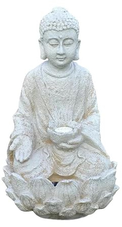 HH Home Hut Solar Sitting Buddha Garden Ornament Stone Zen Effect Outdoor/Indoor Statue with Solar Powered Tealight - Thai Style Meditation Decoration