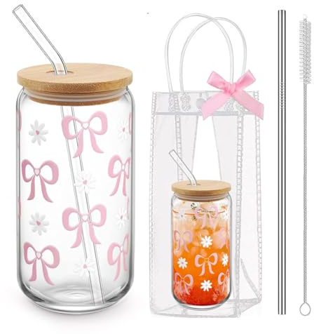 BelleVive Aesthetic Mug with Bow Coquette and Transparent Gift Bag, Glass Tumbler with Lid and Straw, Cold Coffee, Smoothie, Beer, Trend