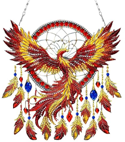 Aodejoy Diamond Painting Anhänger, Traumfänger Diamond Painting Fensterbilder, 5D Tiere Diamantmalerei mit Kette, für Fenster Garten und Türen-Phönix