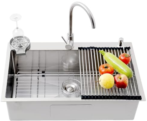 85x50cm Fregadero Grande de Cocina 304 Acero Inoxidable con Grifo, Escurridor y Kit de Drenaje – Encimera/Sobremueble o Bajo Encimera – Cubeta de Trabajo para Cocinas Profesionales y Hogares
