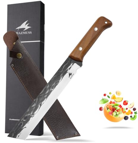 HAZMUSS Cuchillo Para Trinchar, Cuchillo Para Sandía de 19,6 cm, Mango de Nogal Negro, Funda de Cuero, Adecuado Para Cortar Frutas, Asar y Rebanar