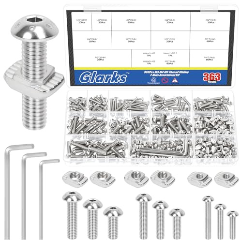 Glarks 1Sets M3/M4/M5 Carbon Steel Button Head Screw and Sliding T-Nut Kit, Includes 180pcs Hex Socket Cap Screws Bolts, 180pcs T-Slot Nut, 3pcs Hex-Wrench, Hexes Button Head Screw for Machinery