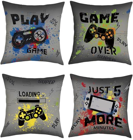Joymaison 45x45 Pack of 4 Gamer Room Video Game Throw Pillow Cushion Covers