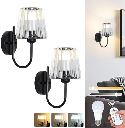 Stepeak Rechargeable Wall Lights Set of 2, Battery Operated Wall Lights with USB Bulb & Remote, Black Battery Operated Wall Sconces with Glass Shade, Crystal Wireless Wall Lamp Indoor for Living Room