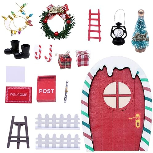 Puerta Elfo Navidad 17 Piezas,Puerta Elfos Navideños Adornos Navidad,Elfo Puerta Accesorios Navidad,Decoración De Navidad con Buzones en Miniatura,Vallas,Escalera,Botas,Buzón,Escoba,Guirnalda