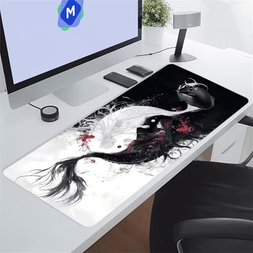 Tapis de Souris XXL 700x300x3 mm, Mouse Pad Gaming Anime Noir Blanc, sous-Main Bureau Gamer Extra Large avec Base Antidérapante Améliorer précision et Vitesse, pour Gamer, Ordinateur, PC