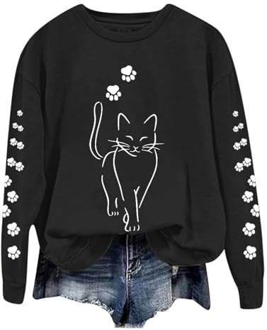 Generisch Suéter para mujer, sudaderas navideñas para mujer, informal, bonito gato, estampado gráfico, manga larga, sudaderas sueltas, sudaderas, blusas, Negro , S