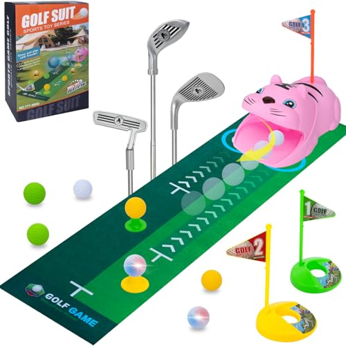 QEEYON Golfset för barn med automatisk bollåterställning, LED-lysande golfbollar, 3 klubbor, putting-matta, presenter till pojkar och flickor från 3 år (rosa)