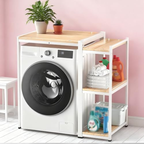 Armario Lavadora y Secadora – Estantería Superior 3 Niveles Ajustables, Estructura Acero 4cm, Mueble de Almacenamiento Vertical para Lavadora de Tambor(White)