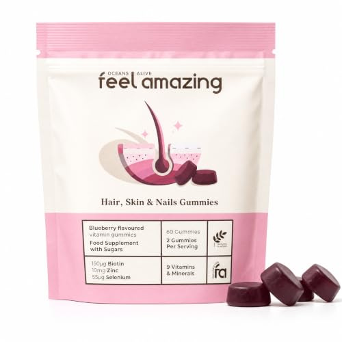 Feel Amazing Hair, Skin & Nails Gummies – Biotin Zinc & Vitamin C Beauty Supplement for Hair, Skin & Nails Support & Collagen Formation – Vegetarian Pectin Gummies Blueberry Flavour – 60 Gummies