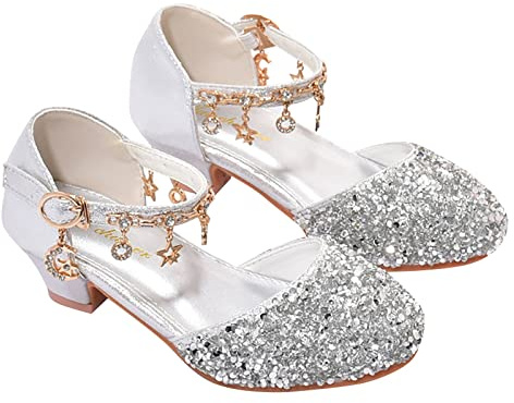Prinsesskor flickor glitter – klackskor kristallskor med rosett bröllopsskor med ankelrem bröllopsskor glitter pumps eleganta högklackade skor för klänning fest
