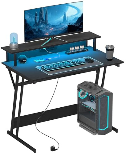 HOMCOM Mesa Gaming con Luces LED, Tomas de Corriente, 100x60 cm, Negro
