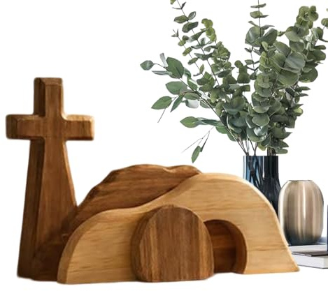 Lezaota Ostern Auferstehungsszene, Osterkrippe Holz Olivenholz, Osterkrippe Ostermorgen, Handgefertigtes Auferstehungs-Holzset Mit Kreuz Und Figur, Tischdekoration Für Zuhause Und Büro