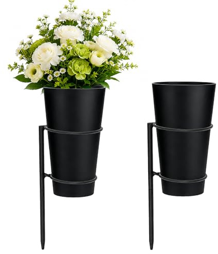 Grabvase mit Erdspieß, HOVCEH 2 Stück Friedhofsvase mit Erdspieß 9 x 26 cm, Metall Grab Vase mit Erdspieß, Metallsockel & Kunststoffvase für Nass- und Trocken-Blumen als Grabschmuck