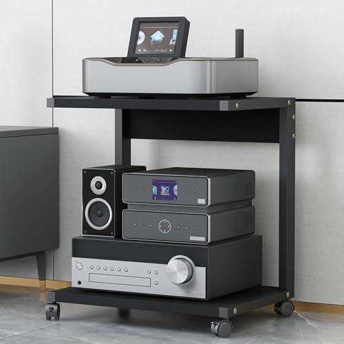 Mueble de Torre para Equipos audiovisuales de Doble Capa con Ruedas, Apto para televisores, Consolas de Videojuegos, Reproductores de DVD/CD, PS5 y proyectores. Mueble de pie Moderno (Negro,