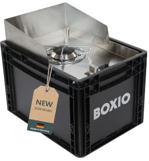 BOXIO COOK 2.0: Gasspis för camping med 1 800 watt, piezotändning och vindskydd i eurobox-design, premium camping spis alternativ för utomhuskök och kompakt campingkök